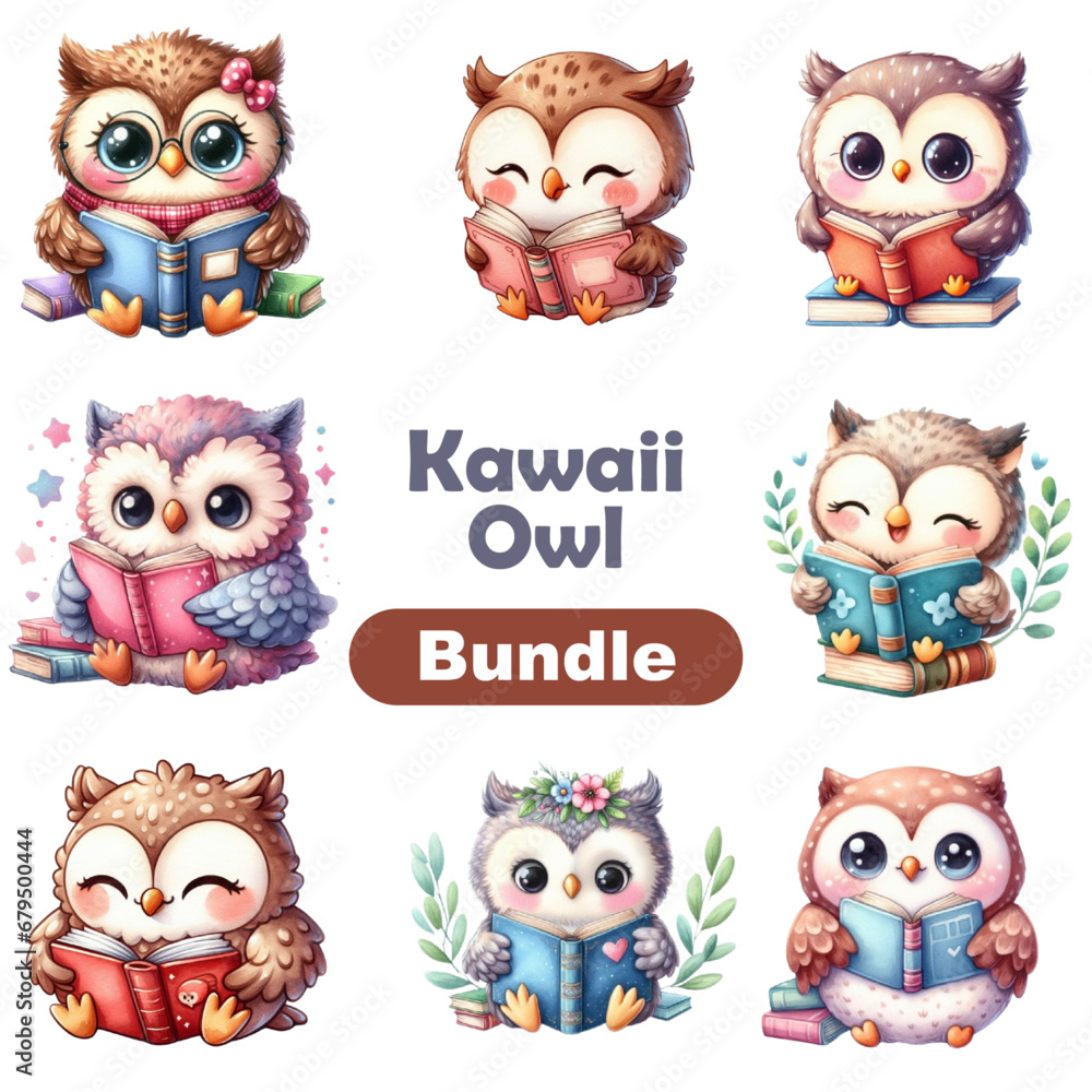 Cute owl kawaii animal cartoon character also called owl icon or chibi, owl logo, sticker design, baby wild animal or cute cartoon owl mascot. Isolated on white background.