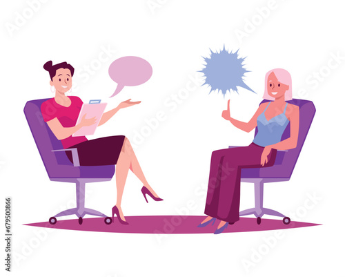 Interview, two young women talking, flat vector illustration on white