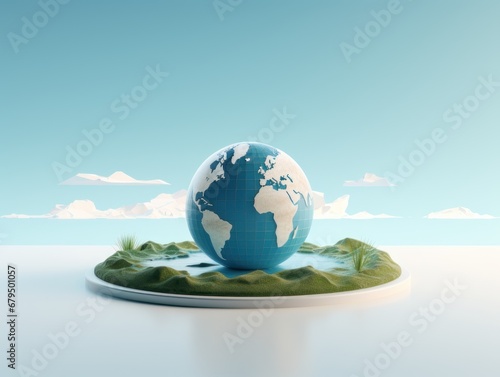 Globe of the earth stands on the water. 3D style imitation.