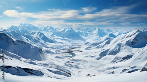 white snow ski slope, no signs, horizon line in the middle of the image, mountain background with snow, clear sky