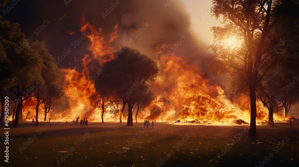 a man-made wildfire burning in an artificial park