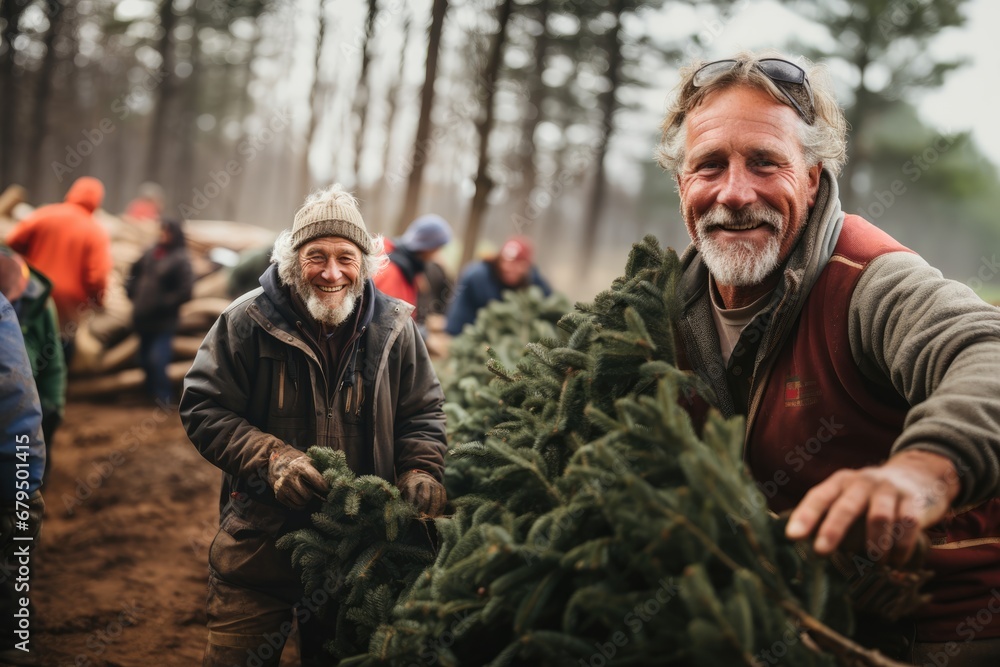 Man smiling and holding Christmas tree in farm
