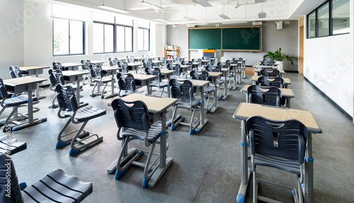 School classroom with desks and chairs photo