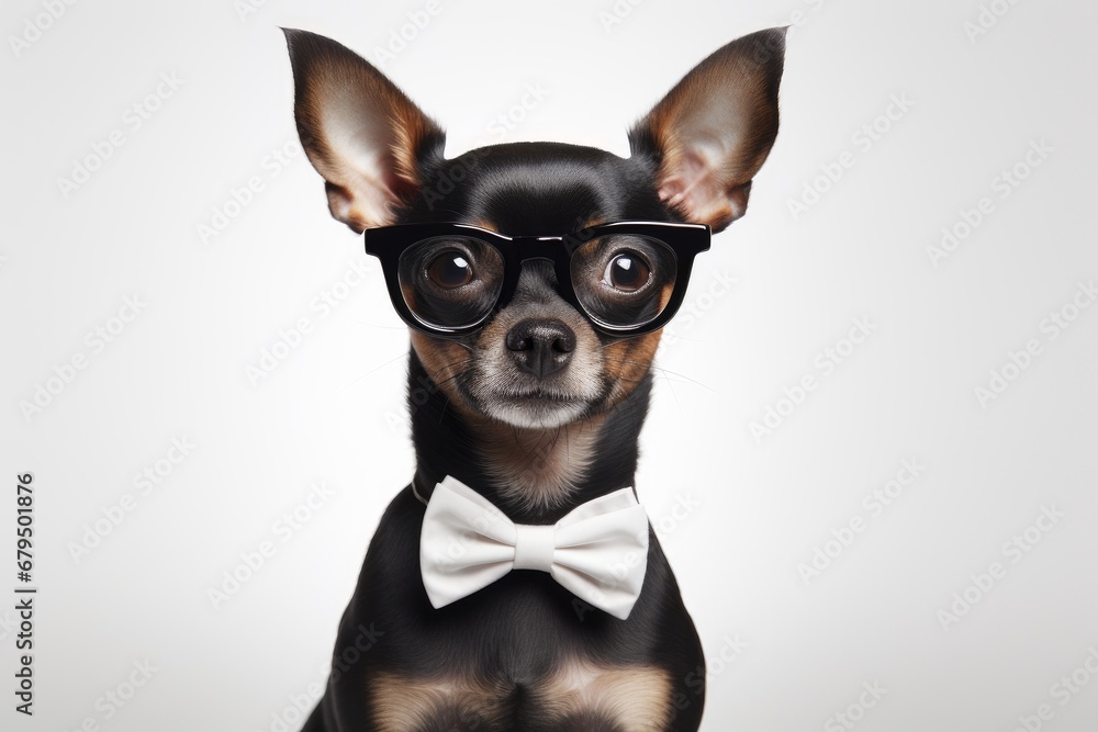 A Chihuahua wearing oversized glasses and a bowtie, posing on a pristine white backdrop. Generative AI