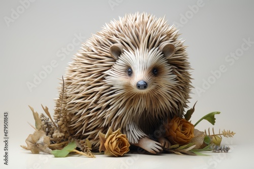 A charming hedgehog with quills curled up on a white surface. Generative AI