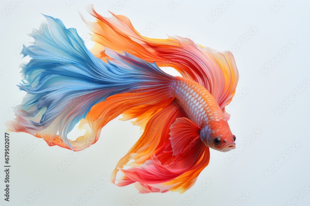A colorful betta fish in a graceful swim in front of a minimalist white backdrop. Generative AI - obrazy, fototapety, plakaty 