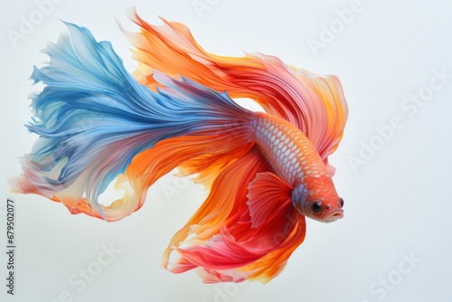 A colorful betta fish in a graceful swim in front of a minimalist white backdrop. Generative AI photo