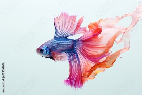A colorful betta fish in a graceful swim in front of a minimalist white backdrop. Generative AI © Aditya