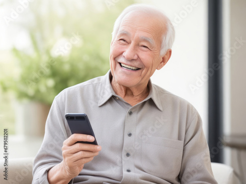 Smiling Elderly Man Embracing Smartphone for Learning New Technology Concept