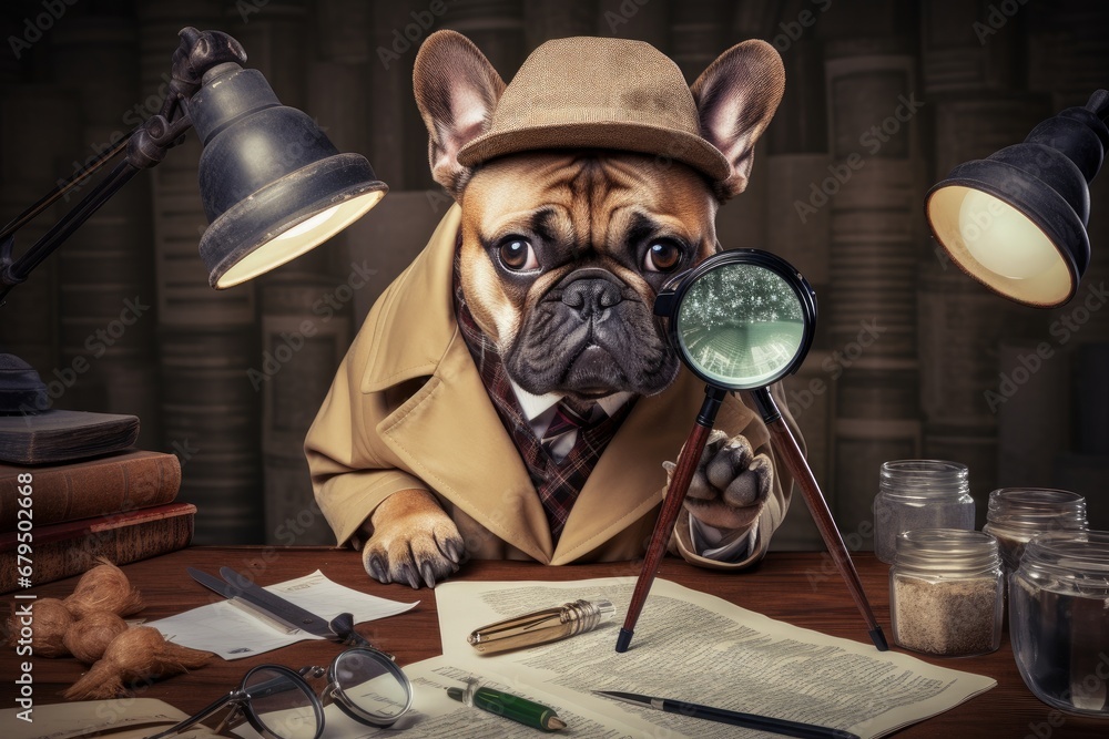 A French Bulldog as a detective, investigating clues with a magnifying glass on a white background - obrazy, fototapety, plakaty 
