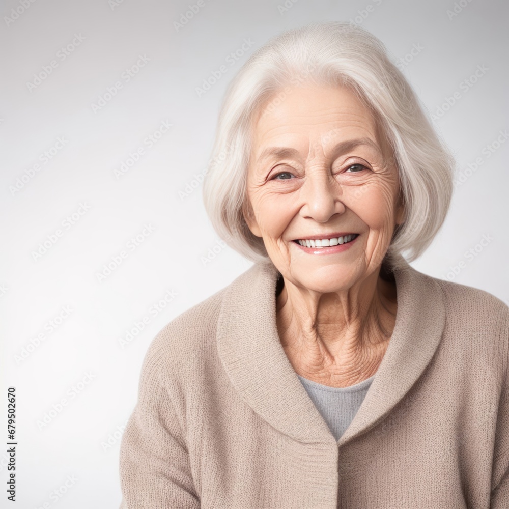 Fototapeta premium Beautiful Elderly Woman Smiling for Healthy Lifestyle, Happy Retirement, and Nursing Home Concept