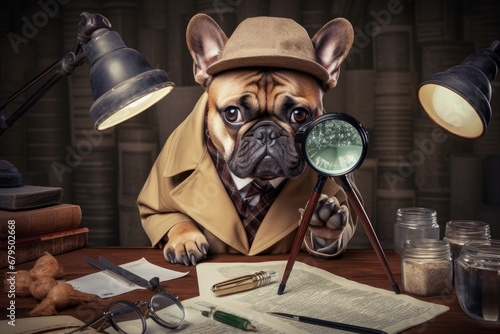 A French Bulldog as a detective, investigating clues with a magnifying glass on a white background photo