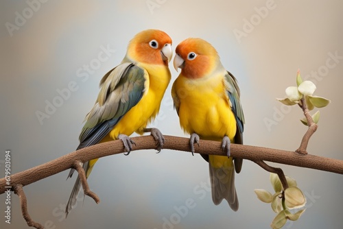 A pair of bonded lovebirds perched on a white branch in a studio setup. Generative AI © Aditya