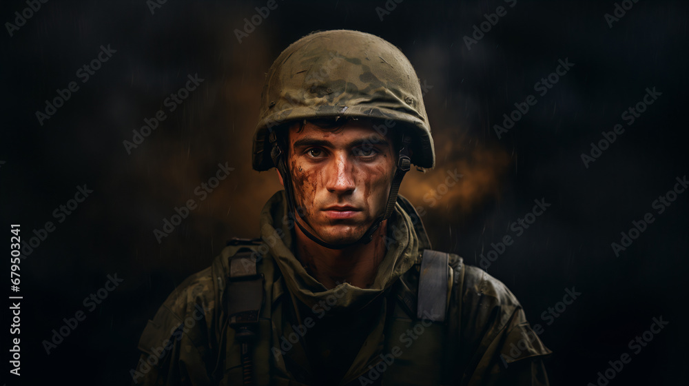 portrait of a military man with a serious face - obrazy, fototapety, plakaty 