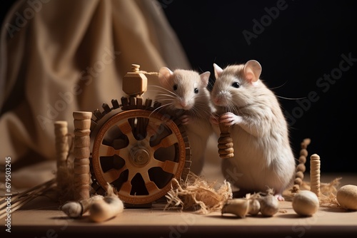 A pair of gerbils nibbling on a wooden toy in a studio environment. Generative AI