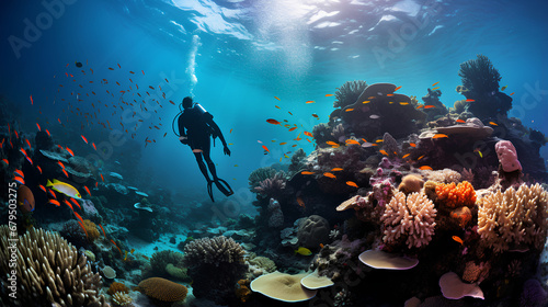 Underwater photography of a coral reef, with diverse marine life and a scuba diver