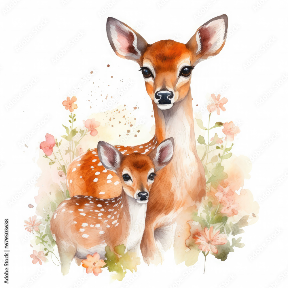 Cute mom and baby deer with flower Illustration, Generative Ai Cute mom and baby deer with flower Illustration, Generative Ai