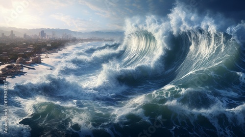 a powerful tsunami crashing onto a fictitious shoreline photo