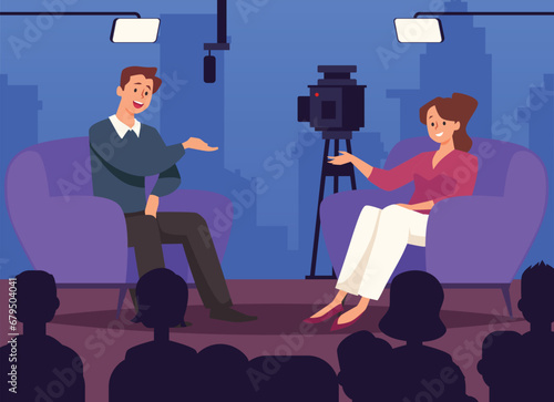 TV talk show with guest invited for interviews, flat vector illustration.