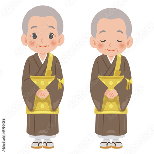 住職の高齢男性　お坊さん　お辞儀セット