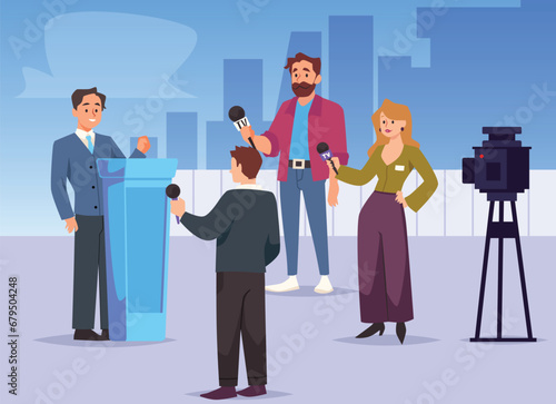 Press conference of politician or businessman scene flat style