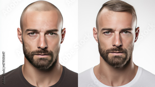 A man without hair, and with hair. Treatment of baldness. Photo before after. photo