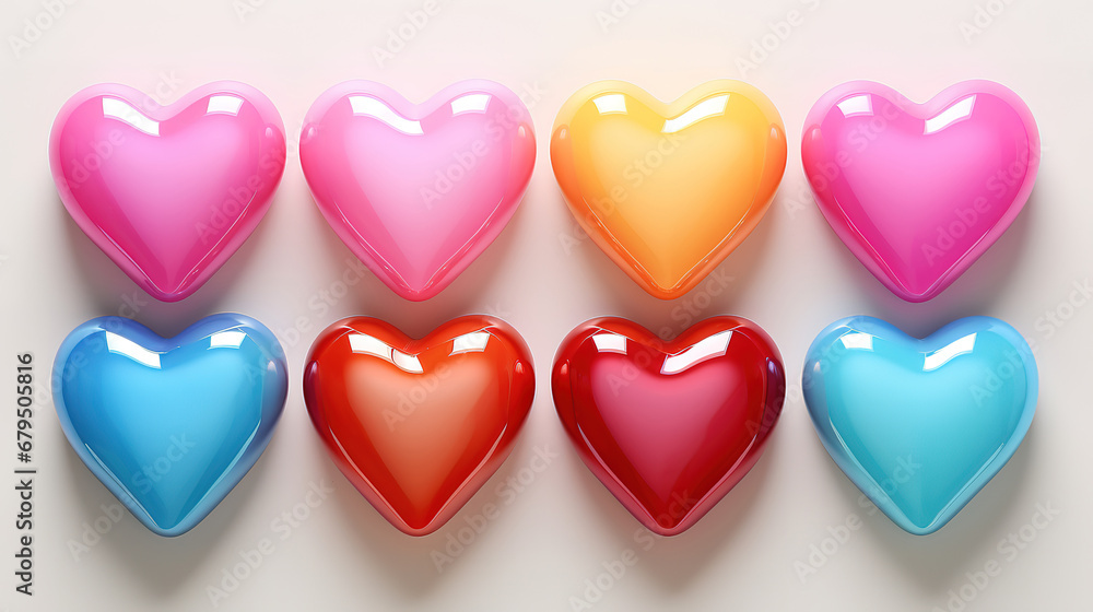 Glossy Colorful Heart Shapes In 3D Render, Valentine's Day Concept, Bright color. generative ai