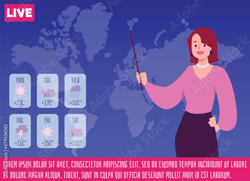 TV weather forecast with specialist from weather station, flat vector.