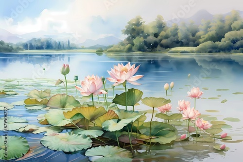 watercolor painting of lotus flowers and leaves with a lake background, a calm and harmonious color combination. generative ai photo