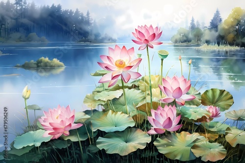 watercolor painting of lotus flowers and leaves with a lake background, a calm and harmonious color combination. generative ai