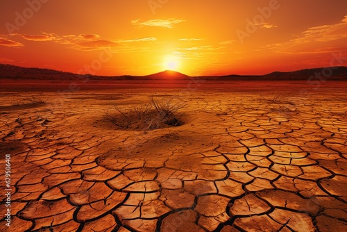 Stunning sunset over a dried out field. The golden sun casts a warm glow over the cracked earth, creating a dramatic and beautiful scene.