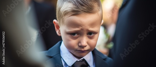 Crying Child, sad and family at funeral at graveyard ceremony outdoor at burial place. Death, grief and group of people at cemetery for service while mourning a loss at event or grave photo