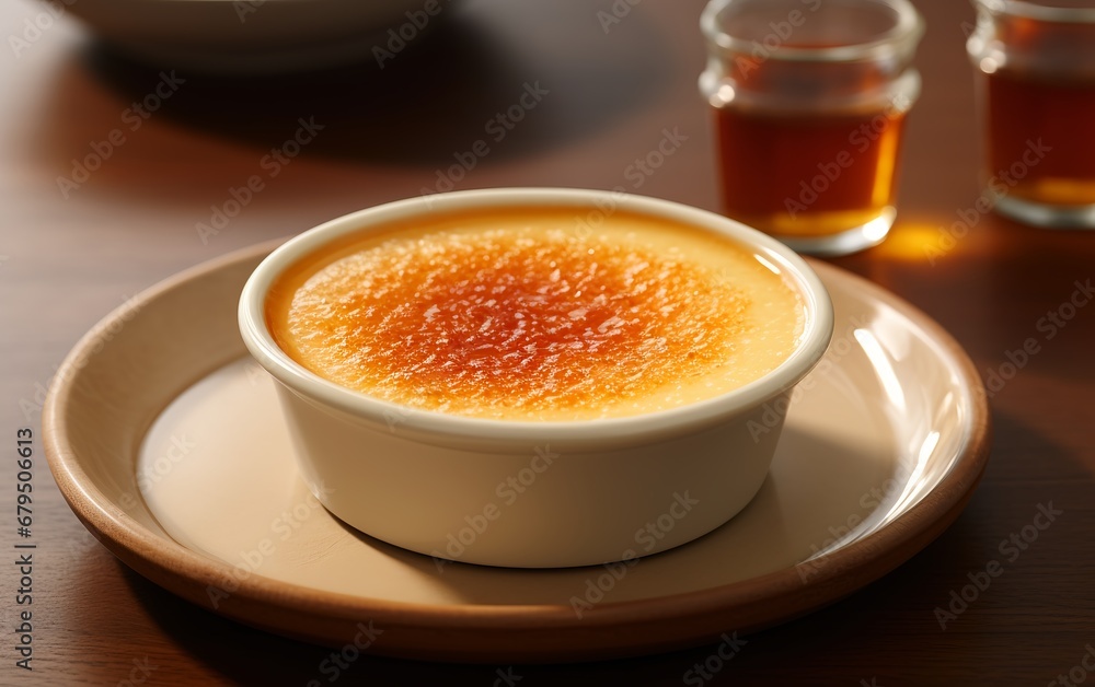 Japanese Crème brûlée on wooden table Japanese Crème brûlée on wooden table