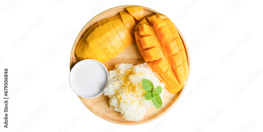 Mango sticky rice, Thai food, dessert, sweet food, Asian food, served in a plate on a white background