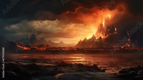 a volcanic eruption in a desolate, landscape