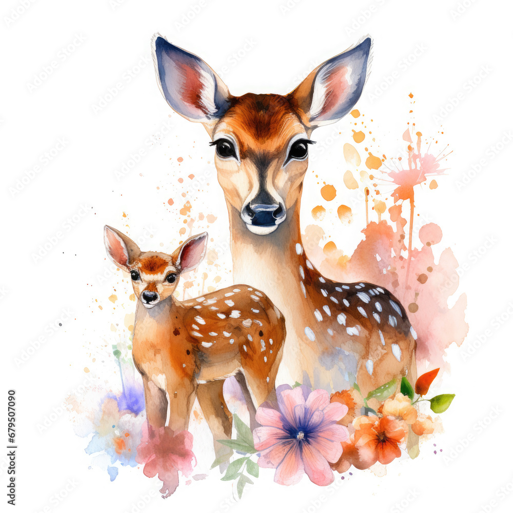 Cute mom and baby deer with flower Illustration, Generative Ai Cute mom and baby deer with flower Illustration, Generative Ai