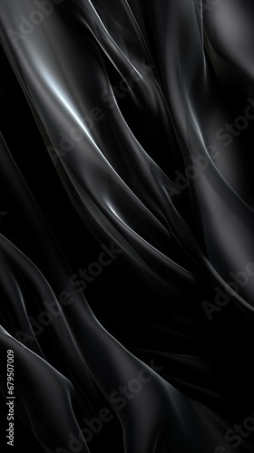 Vertical abstract background made of light transparent fabric texture with pleats. Black.