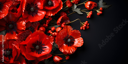 Red poppy flower on black background. Remembrance Day, Armistice Day, Anzac day symbol 