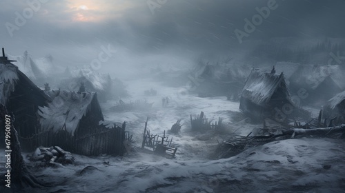 an blizzard engulfing an uninhabited village