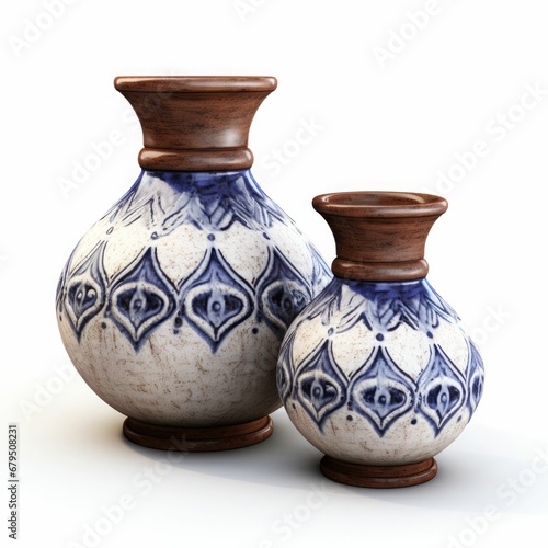 Artisan Ceramic Vases ceramic vases, hand-painted patterns, blue and white, pottery art, two sizes, wooden neck, isolated on white traditional blue and white pottery