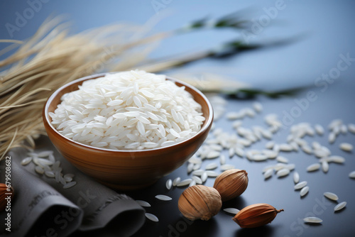 rice grains in bowl on the blue background use for NATIONAL FRIED RICE DAY photo
