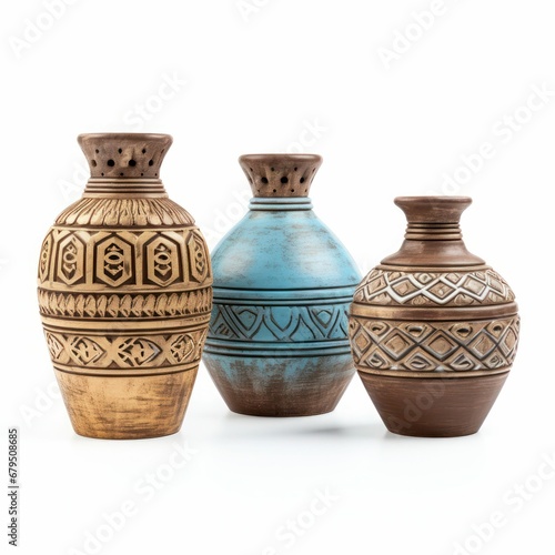 Trio of Traditional Ceramic Vases ceramic vases, traditional patterns, handcrafted pottery, cultural design, terracotta and blue hues, isolated on white traditional ceramic vases, handcrafted