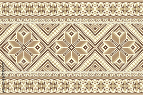 flower embroidery on cream background. ikat and cross stitch geometric seamless pattern ethnic oriental traditional. Aztec style illustration design for carpet, wallpaper, clothing, wrapping, batik.