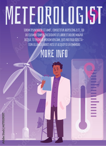 Scientist meteorologist on poster, vector illustration, cartoon flat