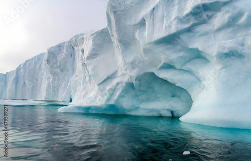 Antarctic landscape with icebergs and ice floes in the ocean