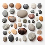 Pebble collection isolated, zen garden stones, smooth Zen Stones river rock variety, spa stones on white Variety of stones, smooth textures, neutral colors, isolated on white background, tranquil vibe