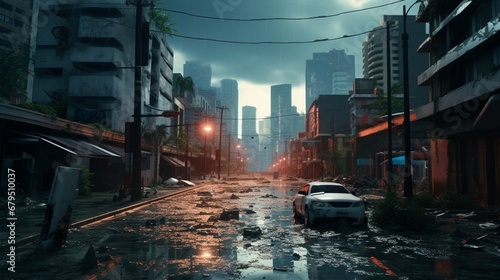 an flash flood inundating a fictional digital city