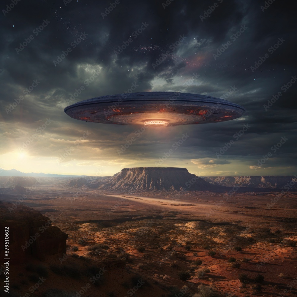 Mysterious UFO Encounter in Desert - Sci-Fi Landscape with Dramatic Skies Mysterious UFO Encounter in Desert - Sci-Fi Landscape with Dramatic Skies
