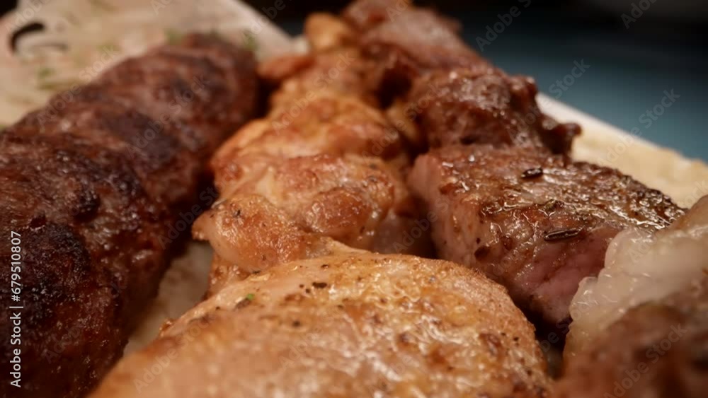 tasty juicy grilled meat on tortilla, traditional Armenian bread lavash, macro view, gastronomy trip tasty juicy grilled meat on tortilla, traditional Armenian bread lavash, macro view, gastronomy trip
