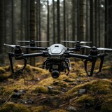 Drone Exploration  quadcopter drone, dense forest background, professional photography equipment, outdoor exploration, technology in nature
